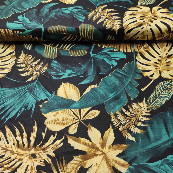 Bavlněná látka Palmové listy na černém