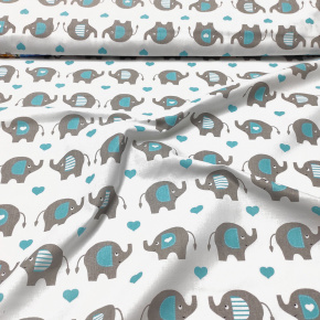 Tissu coton au métre couleur blanche eléphants et coeurs turquoise