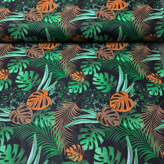 Tissu en coton au mètre, 125 g/m², largeur 160 cm, imprimé à palma sur fond noir