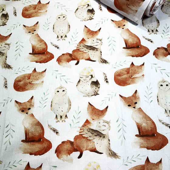 Bavlněné látky, metráž. Veverka a Sova na Bílém