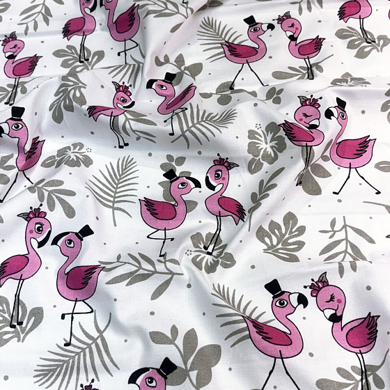 Cotton fabric, by the meter. Flamingos on the White