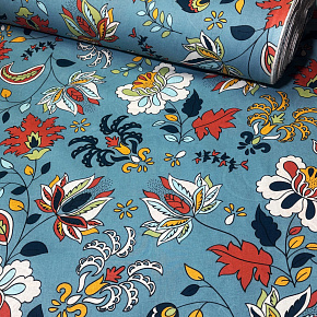 Tissu en coton au mètre, 125 g/m², largeur 160 cm, imprimé à fleurs sur fond bleu