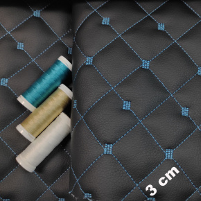 Simili cuir matelassé MIX, 540 g/m², largeur 145 cm, noir avec fil turquoise 