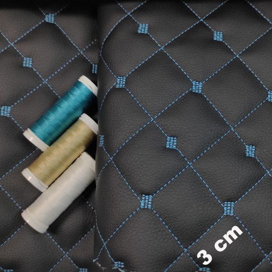 Ekokůže MIX 3x3 cm barva černo tyrkysová prošívaná, metráž, 145 cm