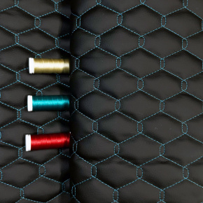 Simili cuir matelassé GEO, 540 g/m², largeur 145 cm, noir avec fil turquoise