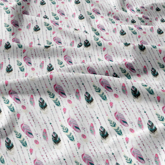 Tissu coton au métre couleur blanche plumes verte et amarante