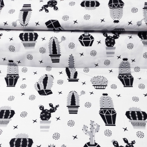 Tissu en coton au mètre, 125 g/m², largeur 160 cm, imprimé à cactus noir sur fond blanc Tissu en coton au mètre, 125 g/m², largeur 160 cm, imprimé à cactus noir sur fond blanc