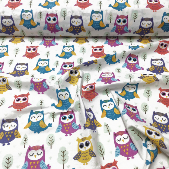 Tissu coton au métre imprimé Hiboux couleur blanche  395