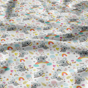 Tissu coton au métre imprimé Pandas sur arc-en-ciel couleur blanche