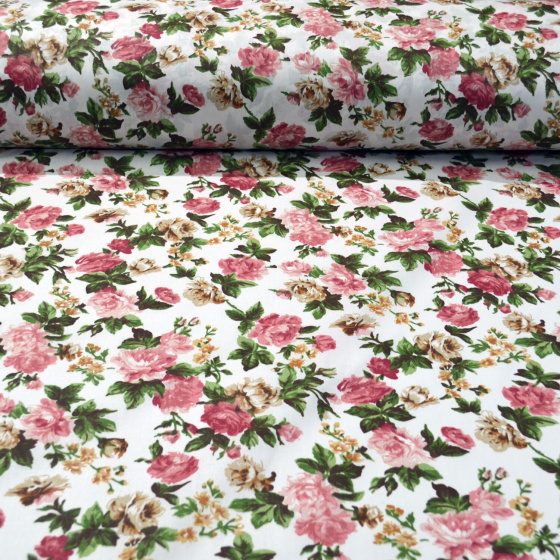 Tissu en coton au mètre, 125 g/m², largeur 160 cm, imprimé à fleurs sur fond blanc