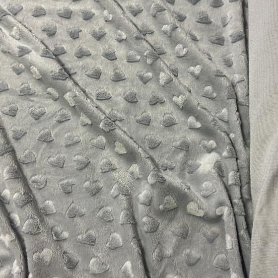 Tissu minky coeurs, 330 gr/m2, largeur 160 cm, gris clair