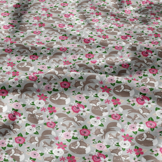 Tissu coton au métre imprimé Fleurs rose sur gris 508 KT