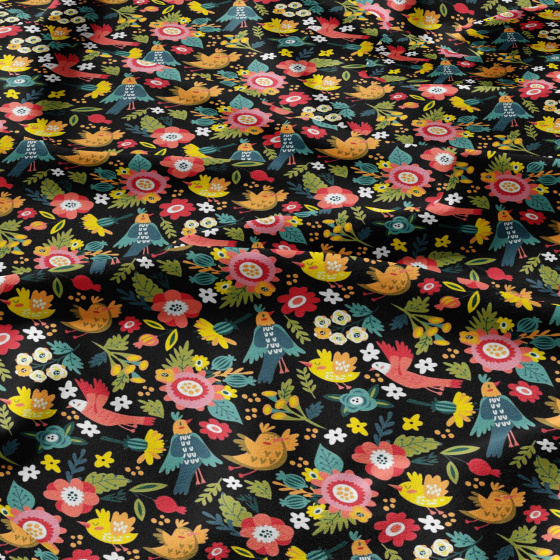 Tissu coton au métre imprimé Oiseaux de paradis couleur noir
