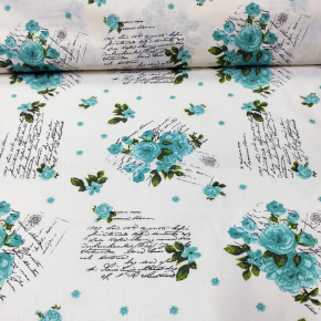 Tissu en coton au mètre, 125 g/m², largeur 160 cm, imprimé à fleurs turquoise