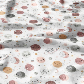 Tissu de coton motif Monde des Planètes marron sur blanc