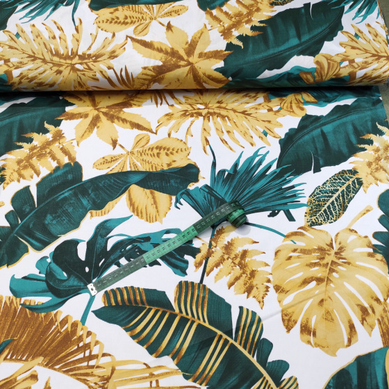Tissu en coton au mètre, 125 g/m², largeur 160 cm, imprimé à monstera smaragd sur fond blanc