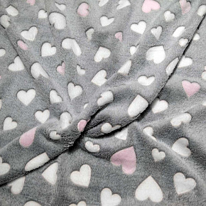 Tissu imitation fourrure d'agneau, 320 g/m², largeur 160 cm, gris au coeurs rose Tissu imitation fourrure d'agneau, 320 g/m², largeur 160 cm, gris au coeurs rose