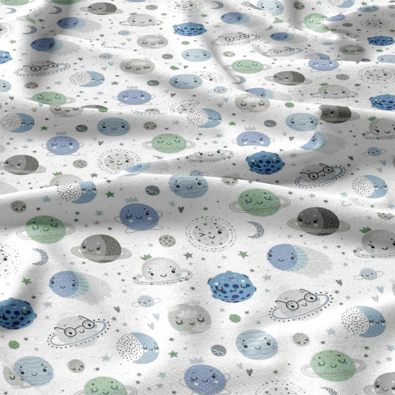 Tissu de coton motif Monde des Planètes bleu sur blanc