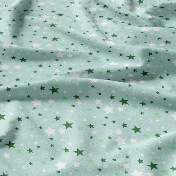 Tissu coton au mètre, 125 g/m², largeur 160 cm, imprimé Etoiles verte et menthol 