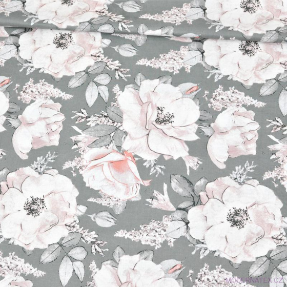 Dekorační dětská bavlněná látka vzor kytičky Pivonka na šedém