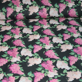 Tissu en coton au mètre, 125 g/m², largeur 160 cm, imprimé à lilas rose sur fond noir