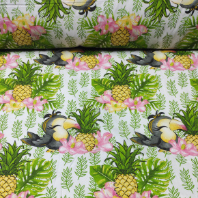 Tissu en coton au mètre, 125 g/m², largeur 160 cm, imprimé à ananas sur fond blanc Tissu en coton au mètre, 125 g/m², largeur 160 cm, imprimé à ananas sur fond blanc