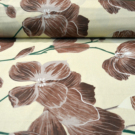 Tissu en coton au mètre, 125 g/m², largeur 160 cm, imprimé à fleurs sur fond jaune