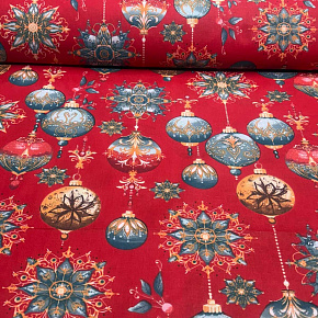 Tissus en coton de Noël au mètre, 160 cm motif Boules de Noël rouge