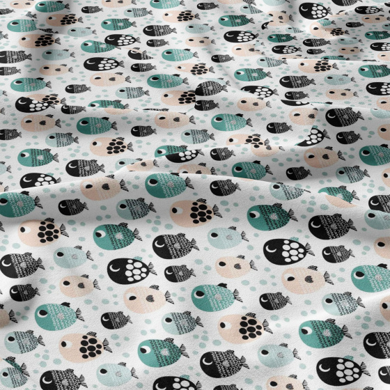 Tissu coton au métre imprimé Poissons sur blanc