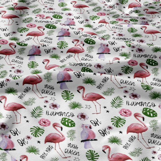 Tissu coton au métre imprimé Flamants roses couleur blanche