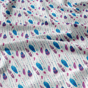 Tissu coton au métre couleur blanche plumes turquoise et amarante Tissu coton au métre couleur blanche plumes turquoise et amarante