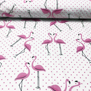 Tissu coton au métre imprimé Flamant et pois Rose